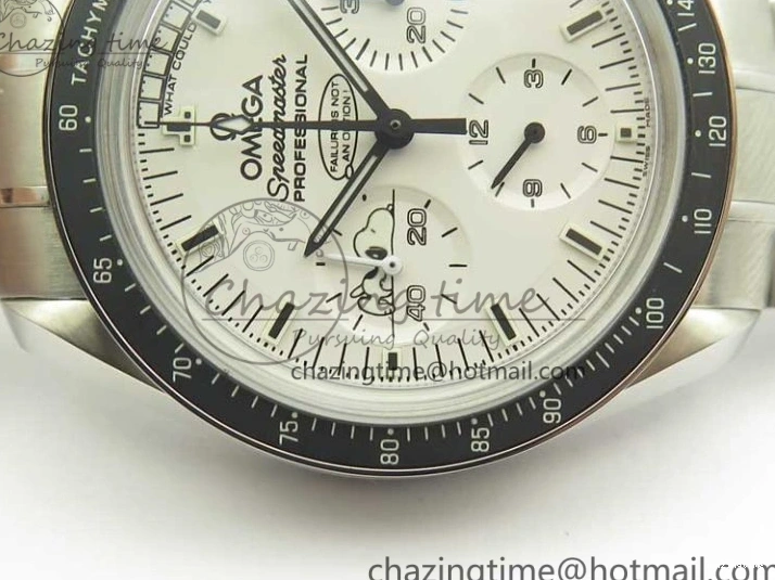 1227 Lightweight Speedmaster SS Snoopy OMF Best Edition White Dial on SS Bracelet Manual Winding Chrono Movement 7992